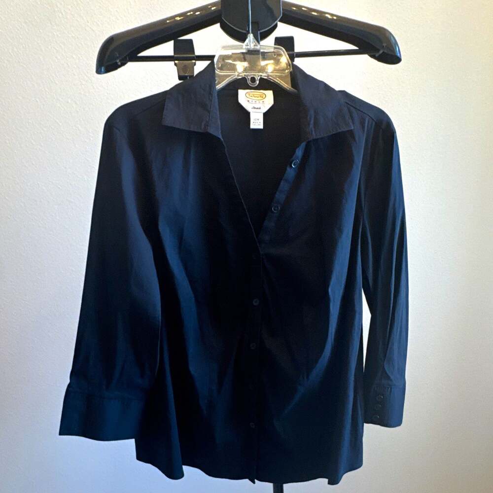 Talbots womens black solid stretch button front collared 3/4 sleeve 12W